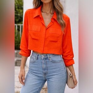 A New Day Cropped Button-Up Blouse – Vibrant Orange